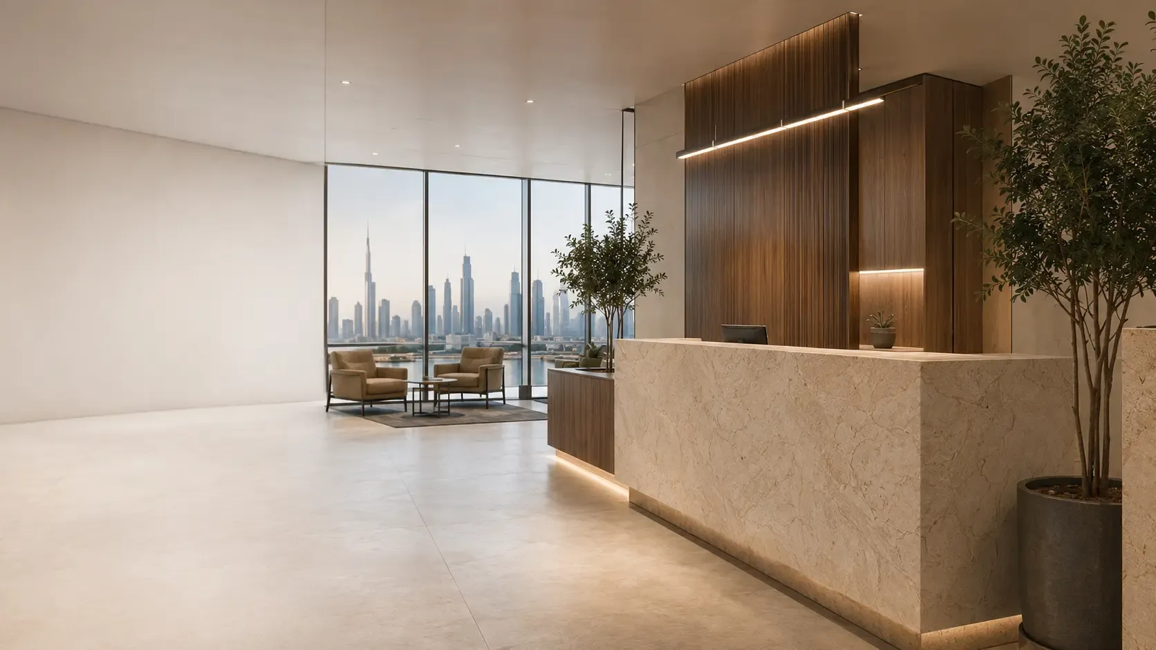 Contemporary reception and lounge used as LIVARO contact page visual