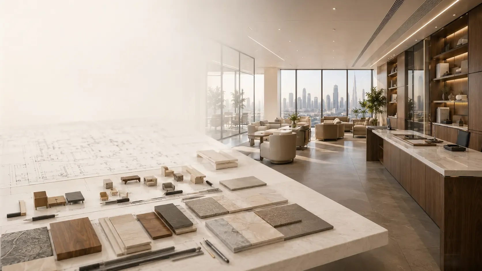 Commercial workspace planning table beside a completed office interior