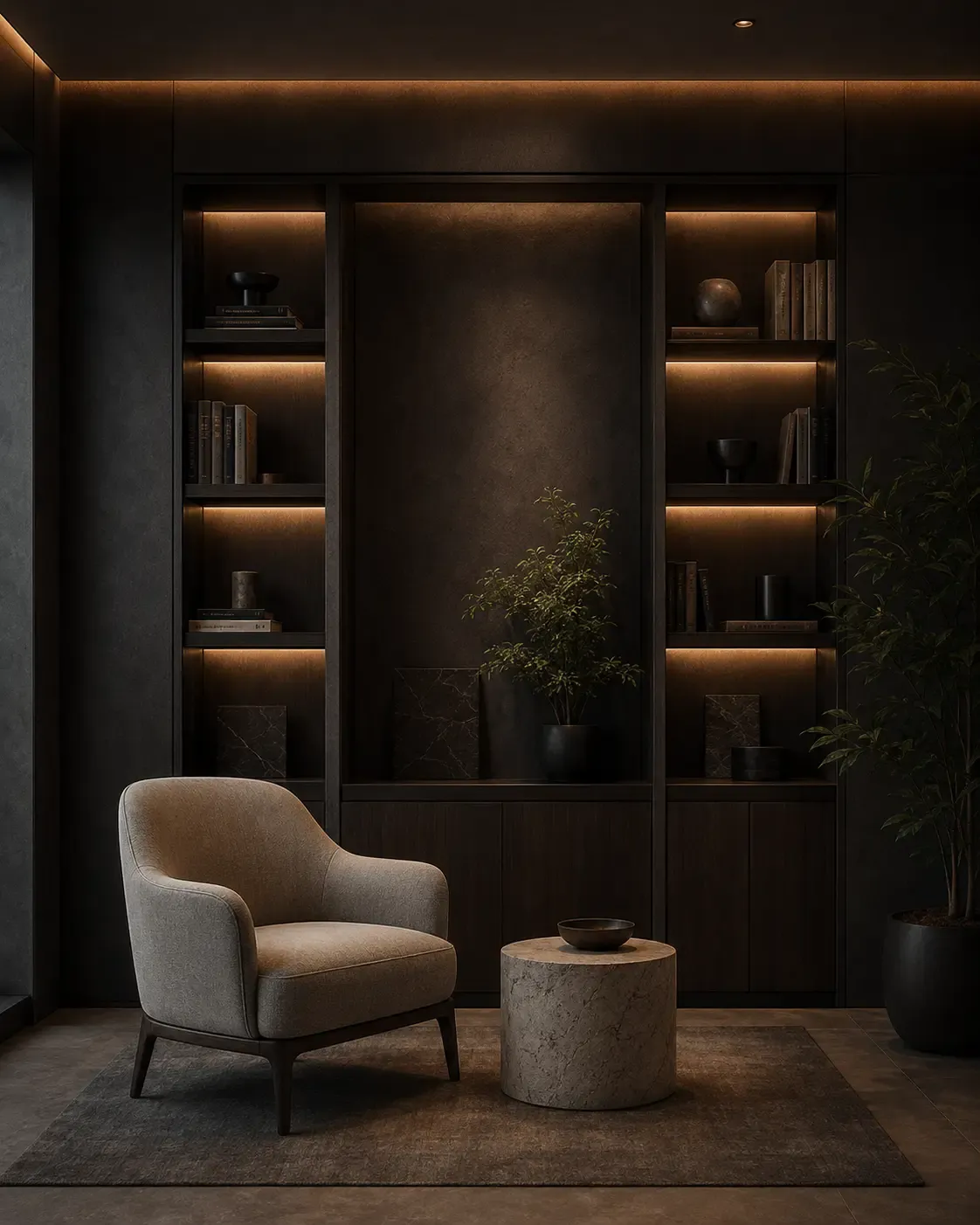 Quiet lounge with illuminated dark shelving and an upholstered armchair