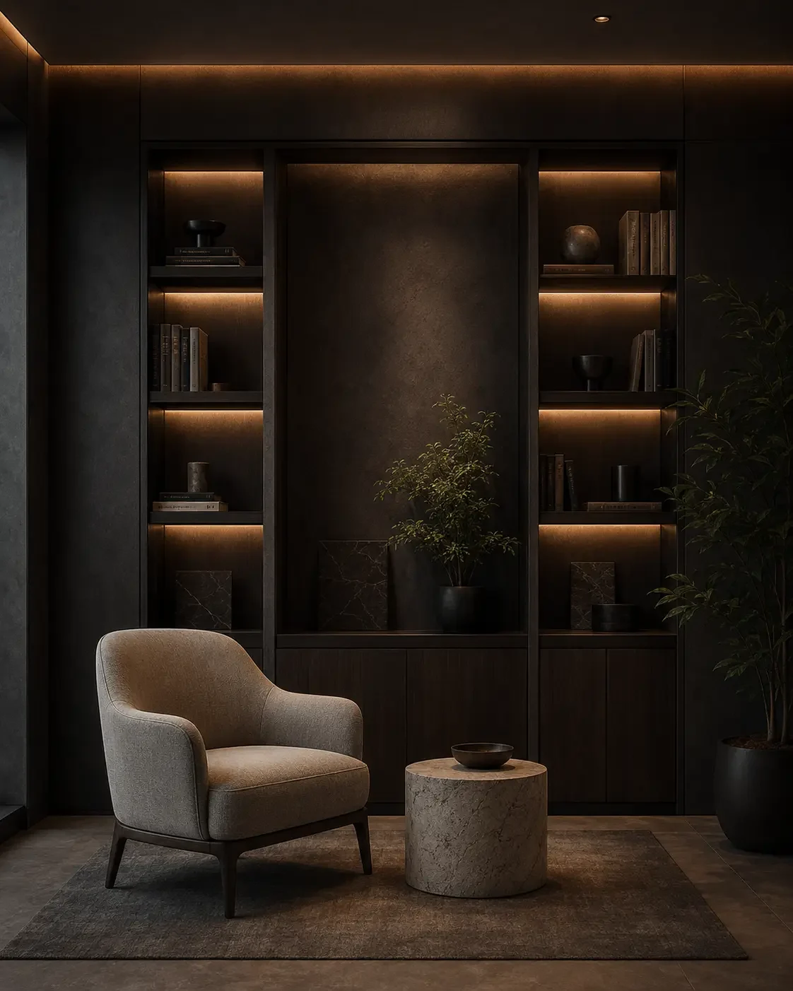 Quiet lounge with illuminated dark shelving and an upholstered armchair