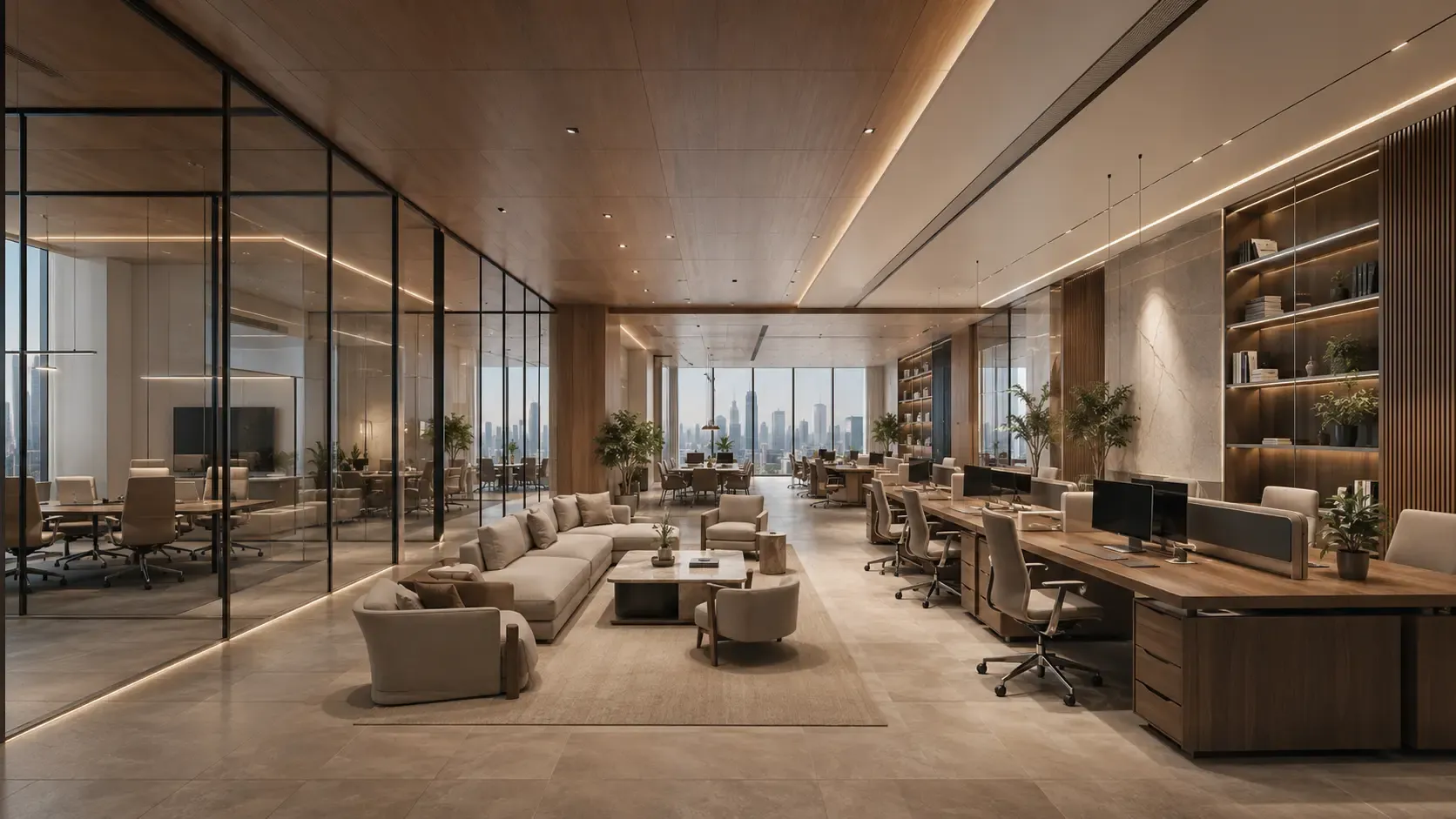 Completed office interior with workstations and glass meeting rooms