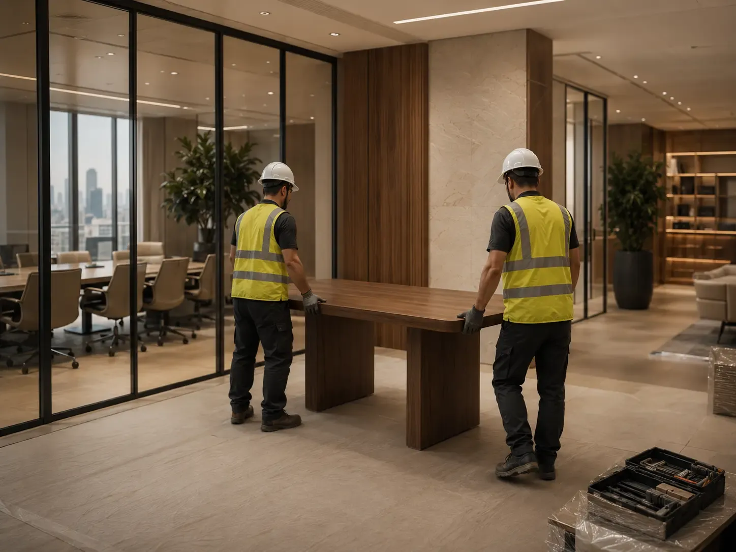 Office furniture being positioned in a finished workplace