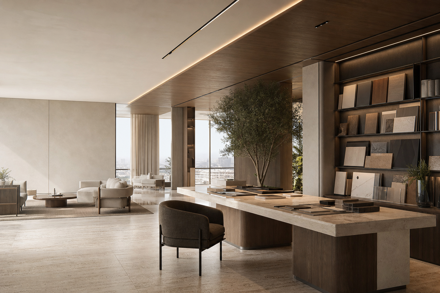 Refined LIVARO material studio with a travertine consultation table, walnut sample library, and executive lounge